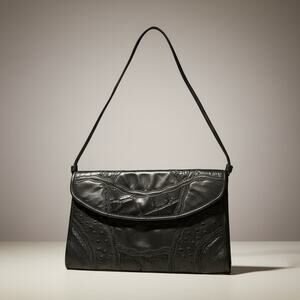 Caprice Vintage Black Leather Clutch Over Shoulder Cross Body Bag 80s